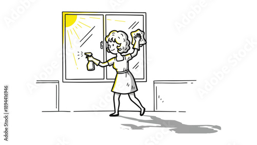 Woman Cleaning Window with Squeegee at Home, Suitable for Housekeeping, Home Care, Lifestyle, and Cleaning Service Content