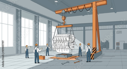 Factory workers using a crane to lift a large engine for assembly in a workshop