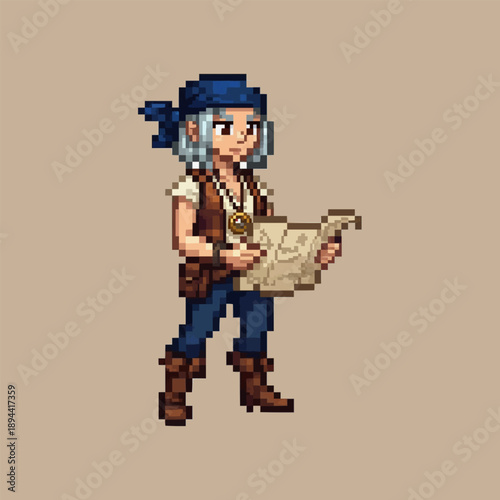 pixel art female pirate navigator with silver hair holding a treasure map and wearing a blue bandana