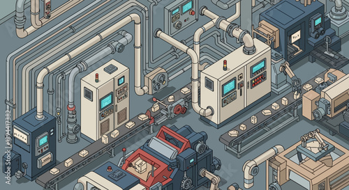 Automated Production Line with Conveyor Belts and Machinery in a Factory Setting