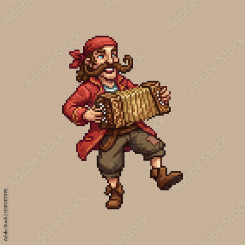 pixel art cheerful pirate musician wearing a red coat and playing a wooden accordion while dancing