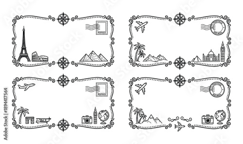 Four travel themed decorative frames with popular landmarks and travel icons. Vector illustration.