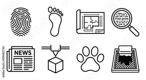 Glyph icons collection represents prints: fingerprint, footprint, blueprint, fine print, and 3D print concept