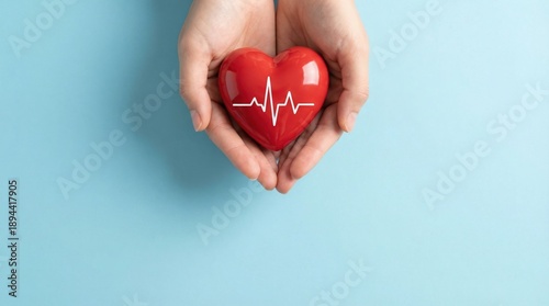 Pair of Human Hands Gently Holding a Red Heart with a White Ecg Line, Symbolizing Health, Care, and Love