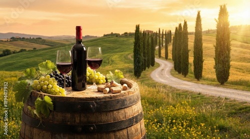 Scenic Tuscan Sunset with Red Wine, Grapes, and Corks on a Rustic Barrel