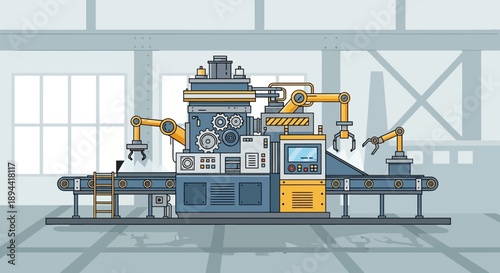 Automated industrial assembly line with robotic arms and conveyor belt in a factory setting