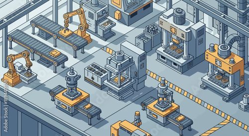 Isometric view of a modern factory floor with automated machinery and assembly lines in a clean, industrial setting