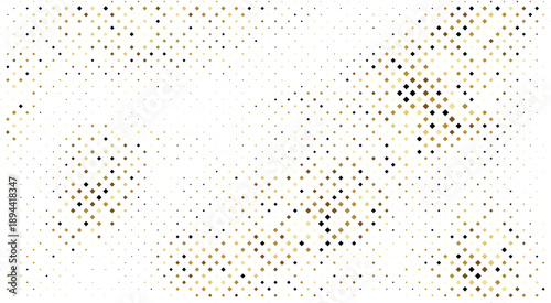 Golden dots pattern. Vector halftone gradient background with scattered shapes and diamond textures on white