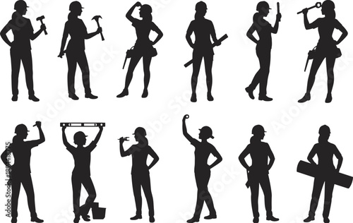 Female construction worker silhouettes holding tools in various poses representing skilled labor, industry diversity, craftsmanship, and modern professional women builders