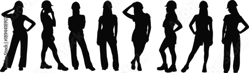 Female construction worker silhouettes wearing hard hats, women builders posing confidently, industrial workforce fashion isolated on white background