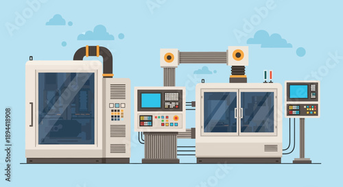 Automated Manufacturing Plant with Robotic Arms and Control Panels