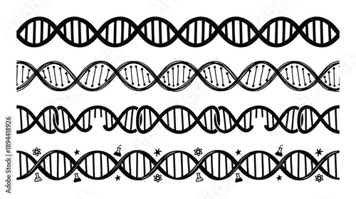 Hand drawn DNA strands science doodles decoration in black and white drawing for banners design projects.