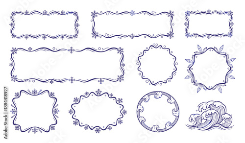 Hand drawn frames and wave elements. Decorative doodle style borders in royal blue for creative projects.