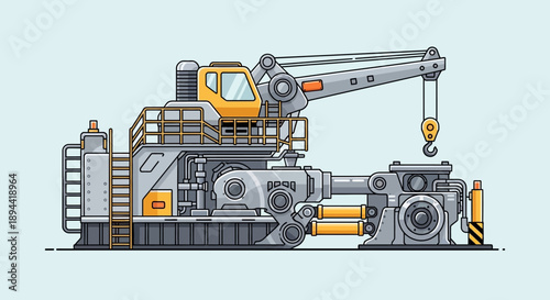 Detailed illustration of a large industrial crane with intricate mechanical details and a sturdy construction