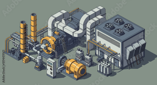 Isometric view of an industrial power generation plant with generators, turbines, and cooling units