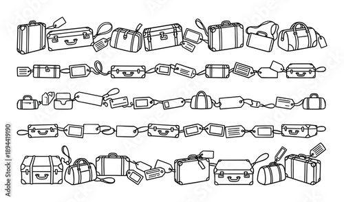 Hand drawn suitcase collection, black and white travel bags and luggage tags in line art style.