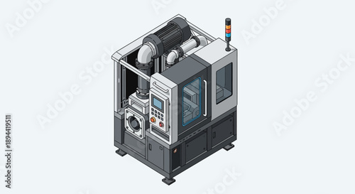 Detailed pixel art isometric illustration of a modern industrial CNC machine, showcasing automated manufacturing technology and precision engineering equipment for factory production
