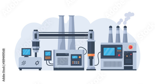 Modern automated factory production line illustration featuring advanced industrial machinery, robotic arms, and control systems for efficient smart manufacturing processes