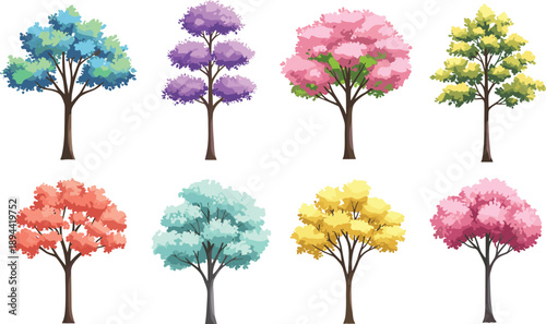 Colorful seasonal trees collection vector illustration set isolated on white background spring summer autumn foliage nature landscape design elements