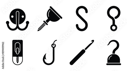 Hook types glyph icons set. Vector illustration of coat hook, S hook, fishing and pirate hook.