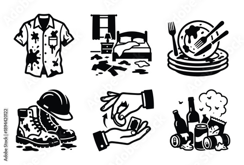 Icon set of dirty shirt, messy room, dirty dishes, work boots, money laundering, trash.