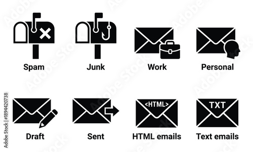 Illustrations of email types in glyph style. Set of icons includes Spam, Junk, Work, Personal, etc.