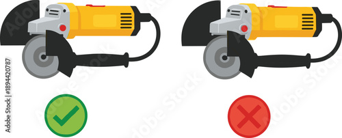 Angle Grinder Power Tool Safety Comparison Illustration Featuring Correct and Incorrect Usage with Green Check Mark and Red Cross Icons for Industrial Workshop Instruction