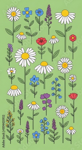 Whimsical Garden: Simple Floral Illustration on Green