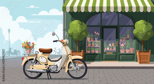 Vintage Beige Scooter Parked on a Cobblestone Street in Front of a Charming Flower Shop with a Green Striped Awning and Potted Plants in Pixel Art Style.