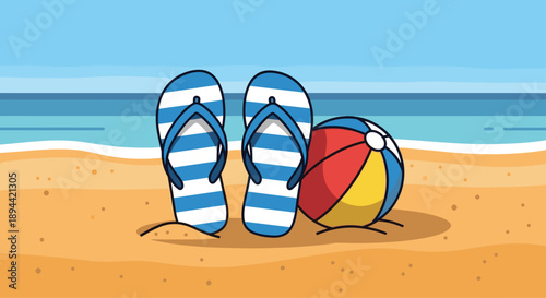 Blue and White Striped Flip-Flops and a Colorful Beach Ball Resting on the Sandy Shore Beside the Calm Blue Ocean in a Sunny Vacation Pixel Art Illustration.