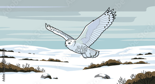 Snowy Owl Flying Low Over a Winter Tundra Landscape with Patches of Brown Brush and a Grey Overcast Sky in a Detailed Wildlife Pixel Art Illustration.