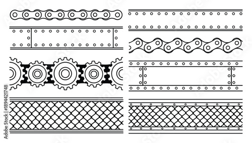 Mechanical style border designs featuring chains, gears, metal plates, and netting for various applications.