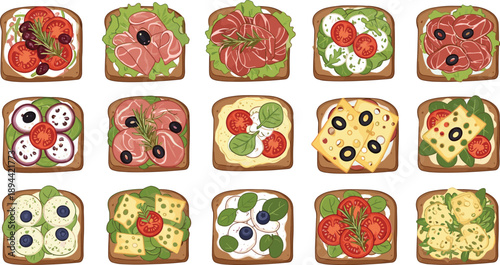 Artistic illustration of fifteen open-faced sandwiches with diverse toppings, ideal for culinary design, food presentation, nutrition, and meal inspiration themes