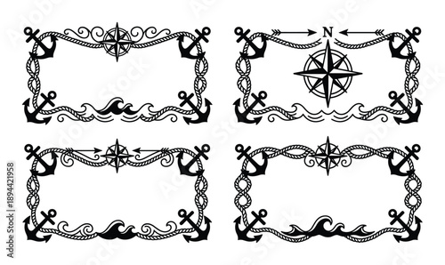 Nautical frame set featuring anchors, ropes, compasses, and waves. Ideal for marine themed designs.