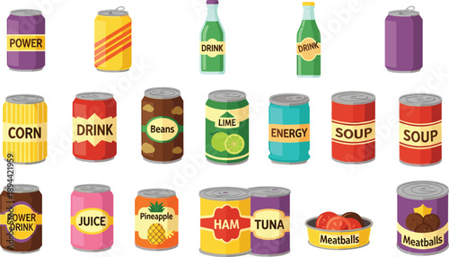 Assorted canned and bottled food and drink items in colorful packaging, ideal for nutrition, grocery, food industry, and product branding visuals.