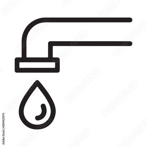 Simple black and white illustration of a water faucet with a single drop