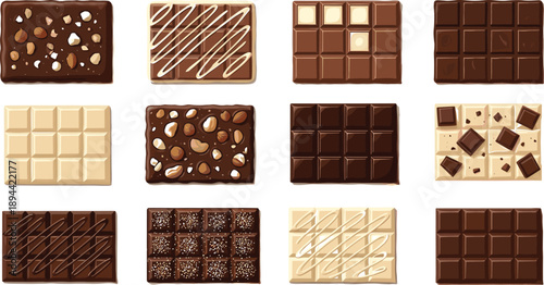 Assorted chocolate bar illustration with toppings and textures, grid layout of milk, dark, and white chocolate for dessert, food, and packaging themes