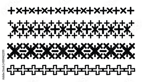 Ornamental stitch borders vector design. Black geometric patterns for fabric trim, embroidery, and craft projects.