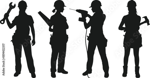 Female construction worker silhouettes with tools, women in industry concept, strong workforce, black isolated vector illustration