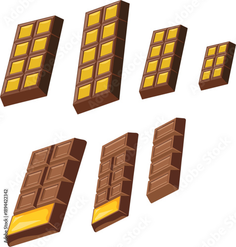 Collection of various chocolate bar vector illustrations with gold foil wrapping and milk chocolate texture for candy shop branding and dessert packaging design