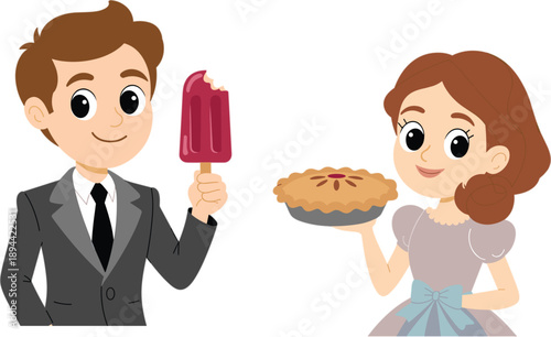 Cute cartoon boy in grey suit holding pink popsicle and happy girl holding freshly baked apple pie for summer dessert cafe and bakery promotion vector illustration