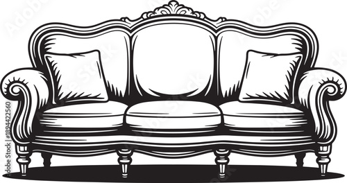 Elegant vintage three seat sofa with ornate carved wooden frame in black outline