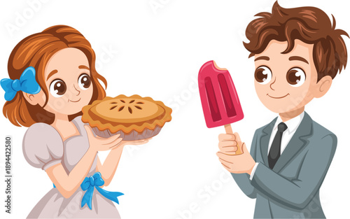 Cute cartoon girl holding a baked apple pie and boy with a pink popsicle for summer dessert and bakery promotion vector illustration