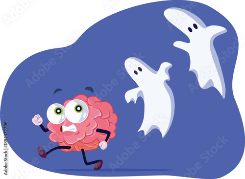 Scared Brain Running Away from Past Phantoms Vector Illustration. Superstitious mind being in a state of panic all the time from fear

