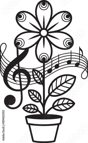 Potted flower with musical staff, notes and treble clef, on transparency background