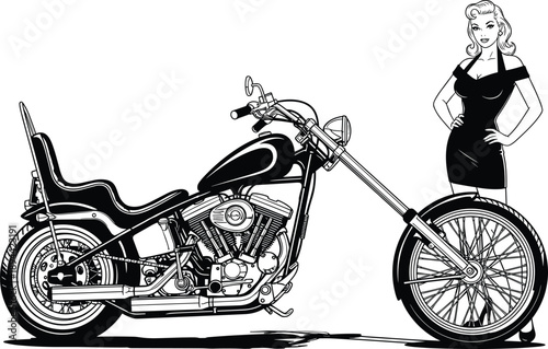 Vintage chopper motorcycle with pin up woman black white vector illustration retro biker garage tattoo style design