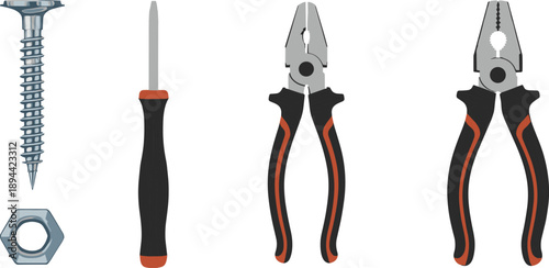 Hand tools set with screw screwdriver pliers and nut isolated on white background flat vector illustration for repair work
