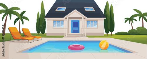 Modern suburban luxury villa with a private swimming pool, sun loungers, and palm trees for a tropical summer vacation and real estate vector illustration