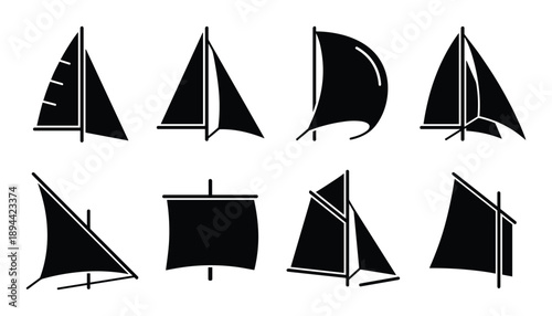 Sail glyph icons collection. Different sailing ship design elements. Boat navigation symbols, black silhouette