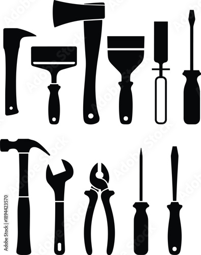 Hand tools silhouettes, hammer, wrench, pliers, screwdriver, chisel, axe, hatchet, paint scraper, paintbrush, construction tools, repair equipment, maintenance